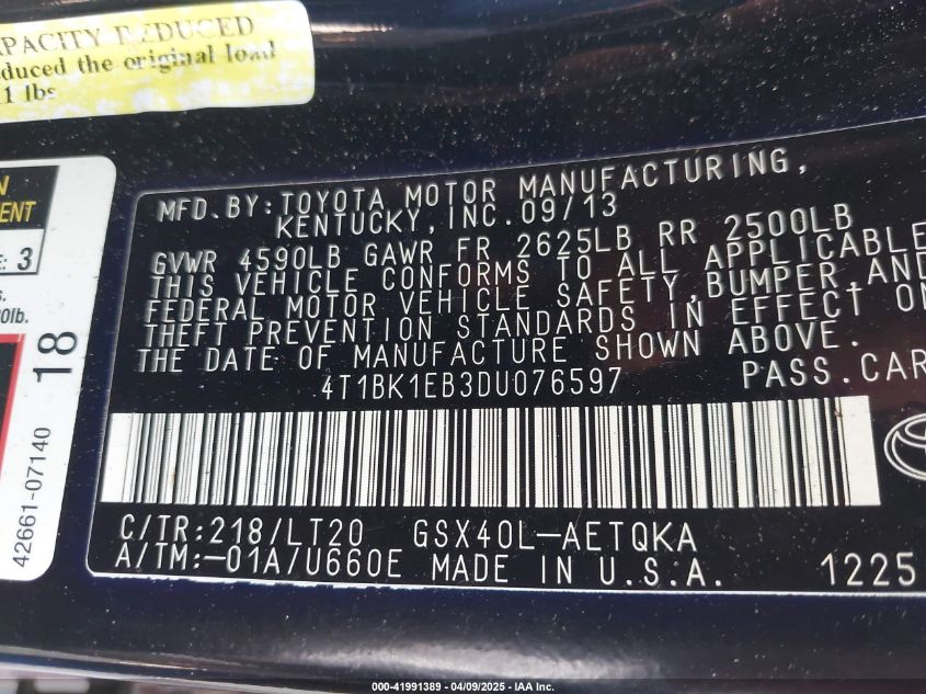 2013 Toyota Avalon Xle Touring VIN: 4T1BK1EB3DU076597 Lot: 41991389