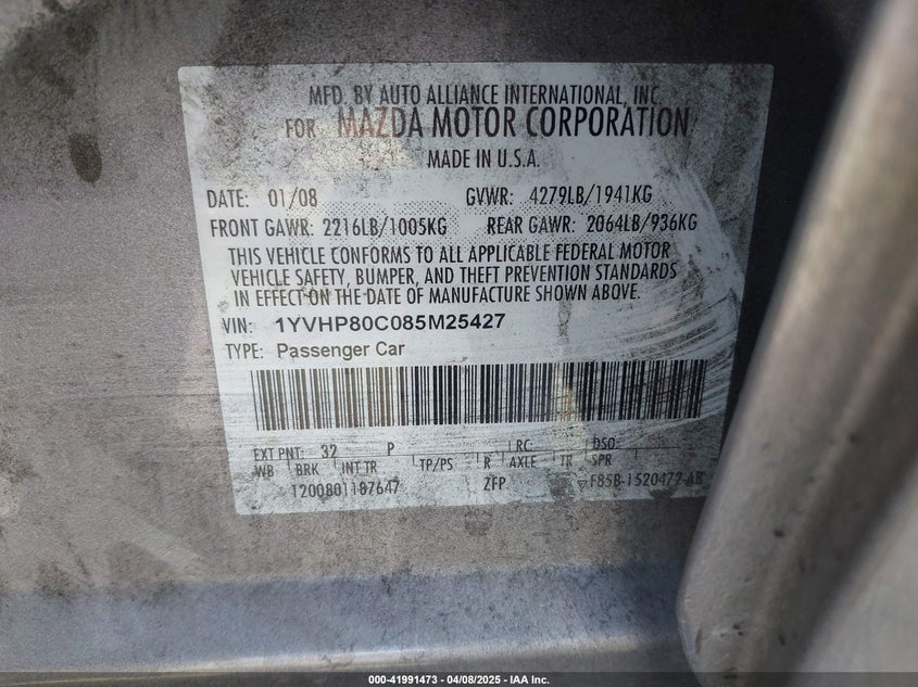 2008 MAZDA MAZDA6 VIN: 1YVHP80C085M25427