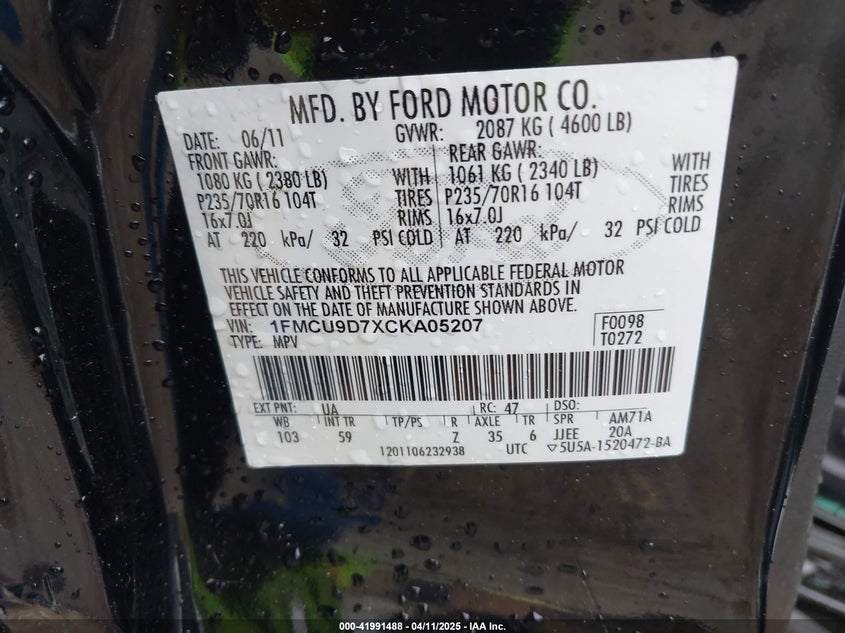 2012 Ford Escape Xlt VIN: 1FMCU9D7XCKA05207 Lot: 41991488