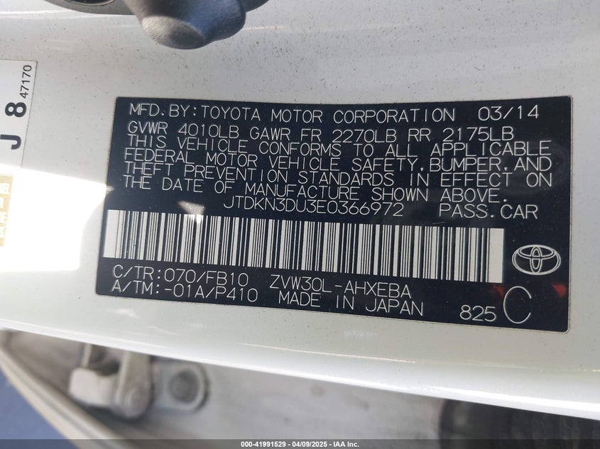 2014 TOYOTA PRIUS VIN: JTDKN3DU3E0366972