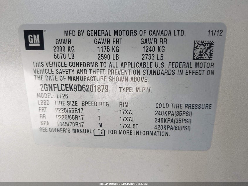2013 CHEVROLET EQUINOX VIN: 2GNFLCEK9D6201879
