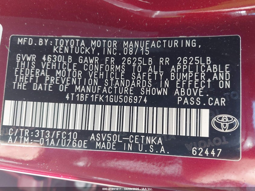 2016 TOYOTA CAMRY VIN: 4T1BF1FK1GU506974