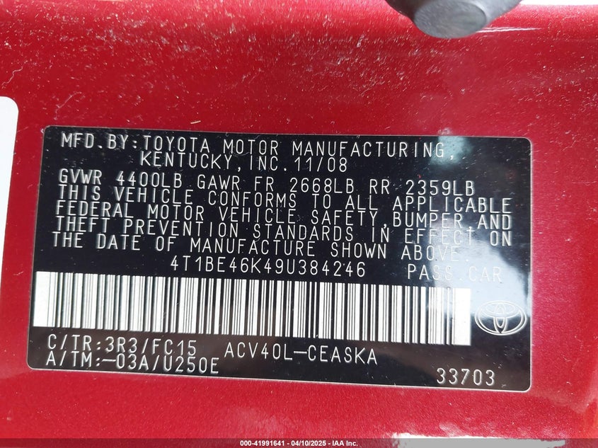 2009 TOYOTA CAMRY VIN: 4T1BE46K49U384246