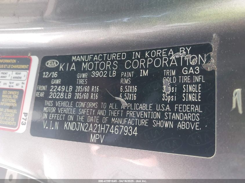 2017 Kia Soul VIN: KNDJN2A21H7467934 Lot: 41991845