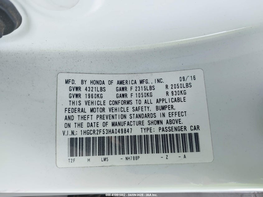 2017 HONDA ACCORD VIN: 1HGCR2F53HA049847