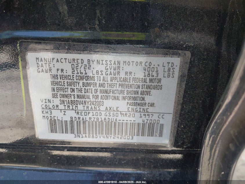 VIN 3N1AB8DV4NY242003 2022 NISSAN SENTRA SR XTRONIC CVT