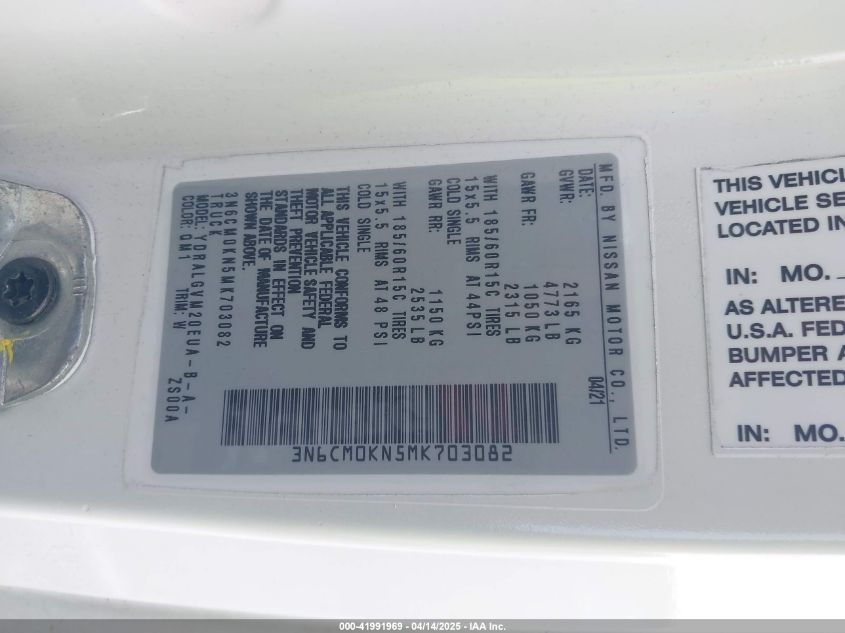 2021 Nissan Nv200 Compact Cargo Sv Xtronic Cvt VIN: 3N6CM0KN5MK703082 Lot: 41991969