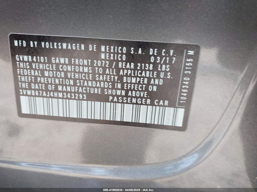 2017 VOLKSWAGEN JETTA VIN: 3VWB67AJ4HM343293