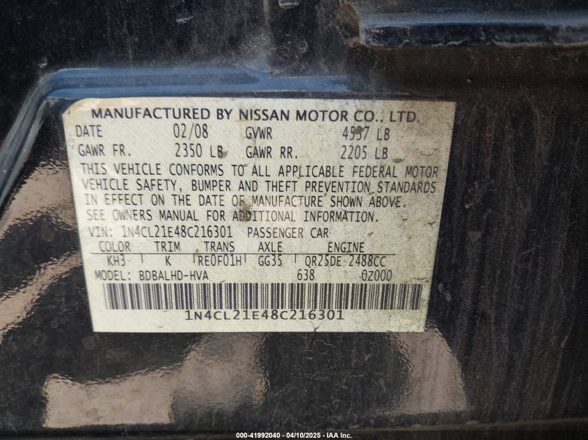 2008 NISSAN ALTIMA HYBRID VIN: 1N4CL21E48C216301
