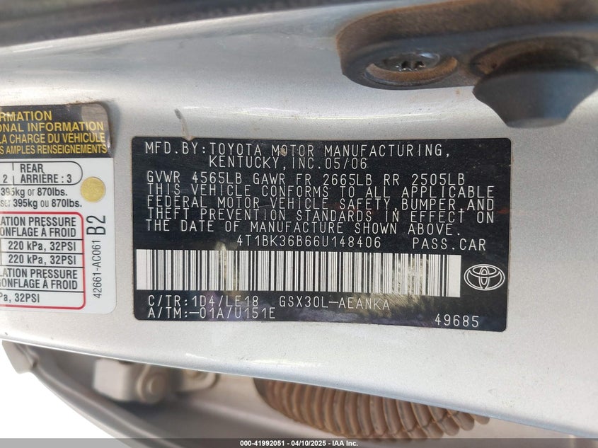 2006 TOYOTA AVALON VIN: 4T1BK36B66U148406