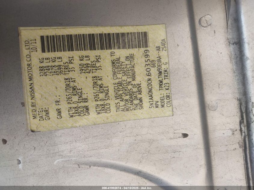 2012 Nissan Armada Sv VIN: 5N1AA0NC0CN603599 Lot: 41992074