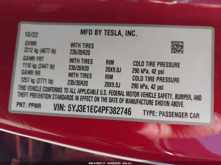 2023 TESLA MODEL 3 VIN: 5YJ3E1EC4PF382746