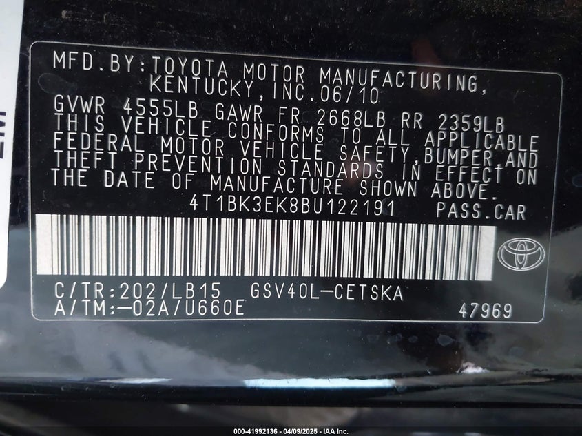 2011 TOYOTA CAMRY VIN: 4T1BK3EK8BU122191