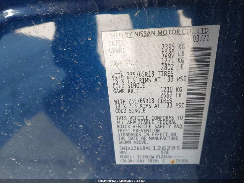 2021 Nissan Murano Sv Intelligent Awd VIN: 5N1AZ2BS9MC126295 Lot: 41992143