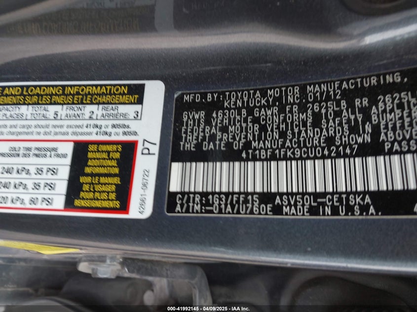 2012 TOYOTA CAMRY VIN: 4T1BF1FK9CU042147