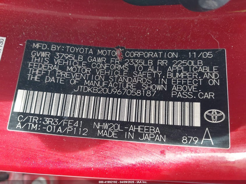 2006 TOYOTA PRIUS VIN: JTDKB20U967058187