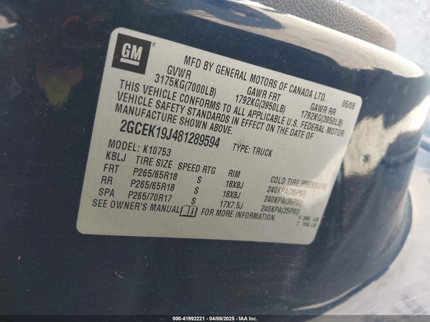 2008 CHEVROLET SILVERADO 1500 VIN: 2GCEK19J481289594