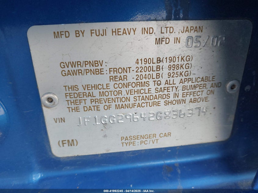 2002 Subaru Impreza Wrx VIN: JF1GG29642G836374 Lot: 41992245