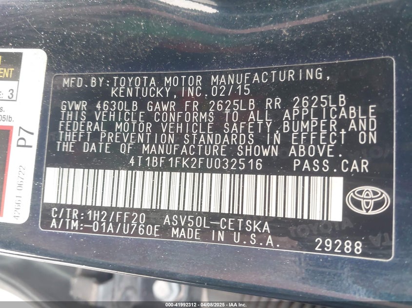 2015 TOYOTA CAMRY VIN: 4T1BF1FK2FU032516