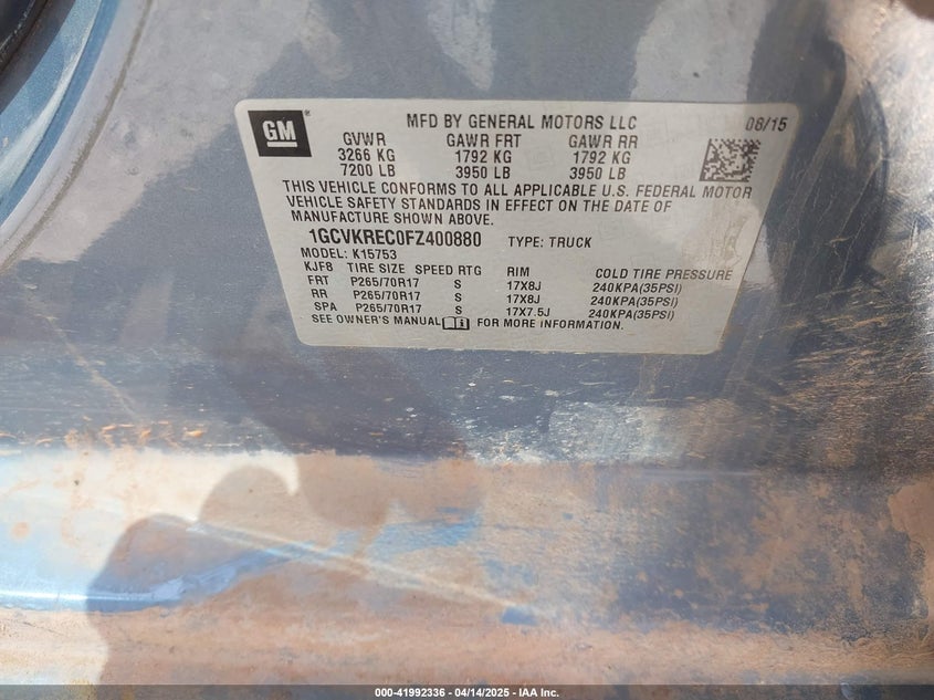 2015 CHEVROLET SILVERADO VIN: 1GCVKREC0FZ400880