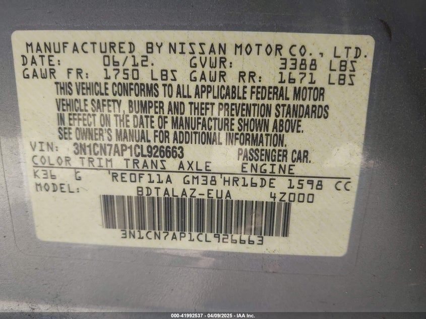 2012 NISSAN VERSA VIN: 3N1CN7AP1CL926663