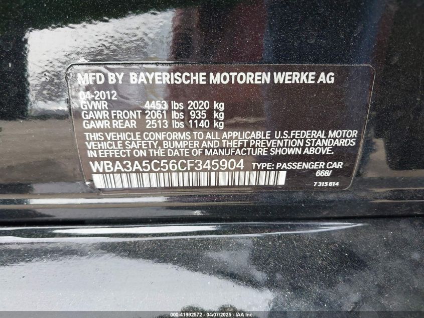 2012 BMW 328I VIN: WBA3A5C56CF345904 Lot: 41992572