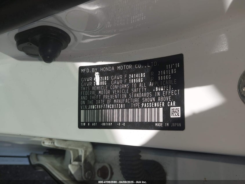 2017 HONDA ACCORD HYBRID VIN: JHMCR6F77HC017381