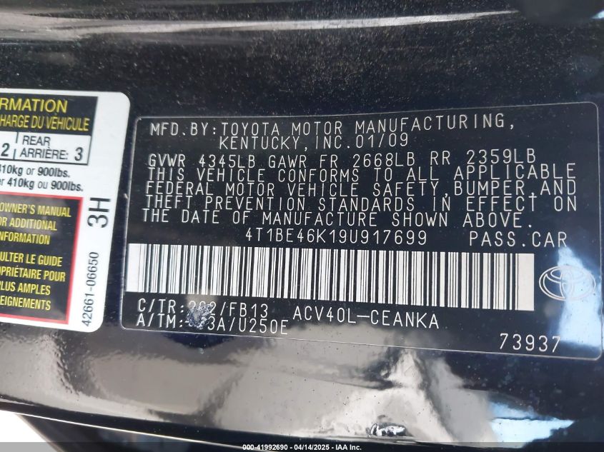 2009 Toyota Camry Le VIN: 4T1BE46K19U917699 Lot: 41992690