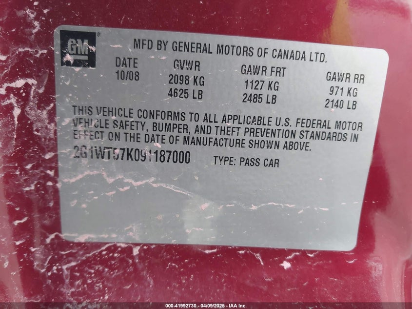2009 CHEVROLET IMPALA VIN: 2G1WT57K091187000