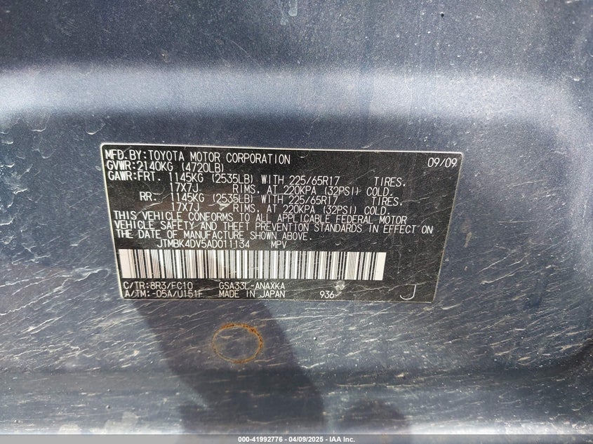 2010 TOYOTA RAV4 VIN: JTMBK4DV5AD011134