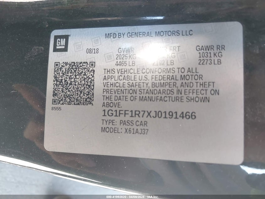 2018 CHEVROLET CAMARO VIN: 1G1FF1R7XJ0191466