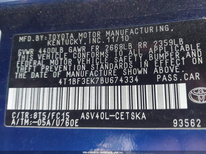 2011 TOYOTA CAMRY VIN: 4T1BF3EK7BU674334
