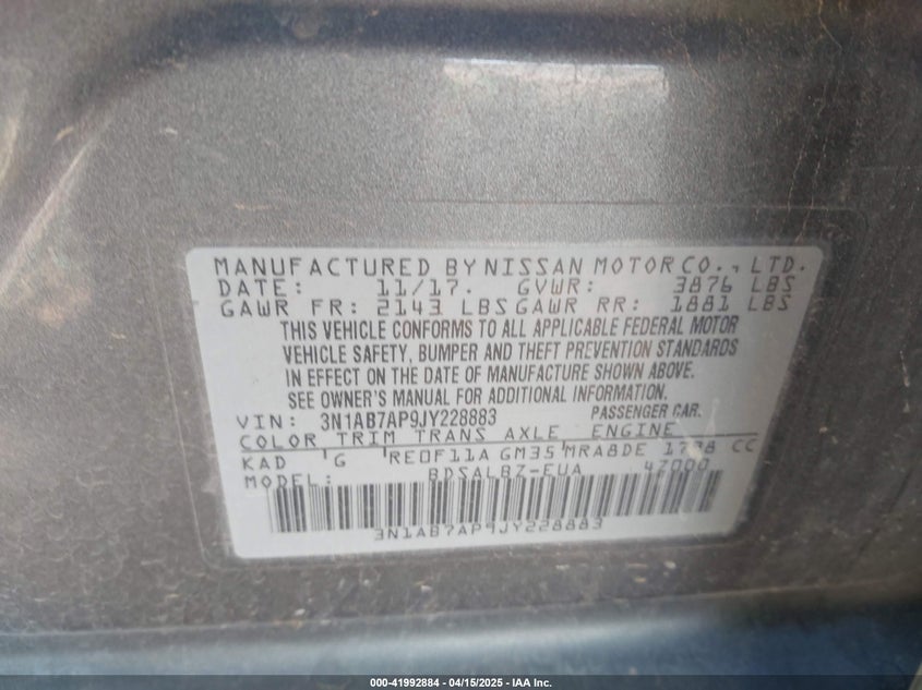 2018 NISSAN SENTRA VIN: 3N1AB7AP9JY228883