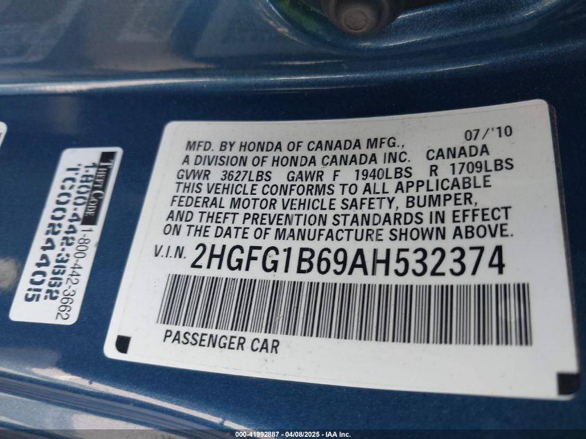 2010 Honda Civic Lx VIN: 2HGFG1B69AH532374 Lot: 41992887