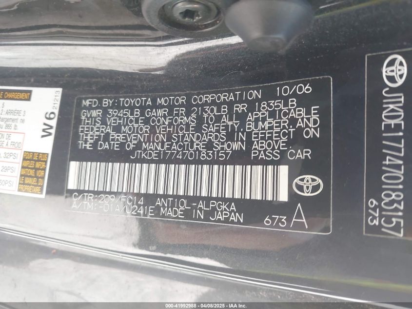 2007 Scion Tc VIN: JTKDE177470183157 Lot: 41992988