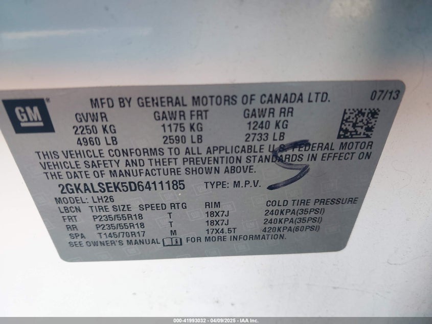 2013 GMC TERRAIN VIN: 2GKALSEK5D6411185