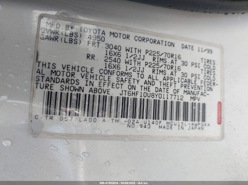 2000 Lexus Rx 300 VIN: JT6HF10U8Y0117712 Lot: 41993034