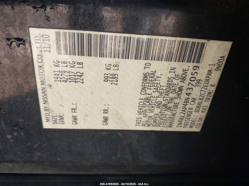 2011 NISSAN ALTIMA VIN: 1N4AL2AP4BN437059