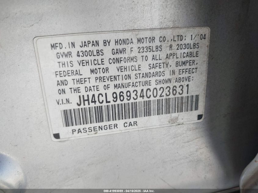 2004 Acura Tsx VIN: JH4CL96934C023631 Lot: 41993059