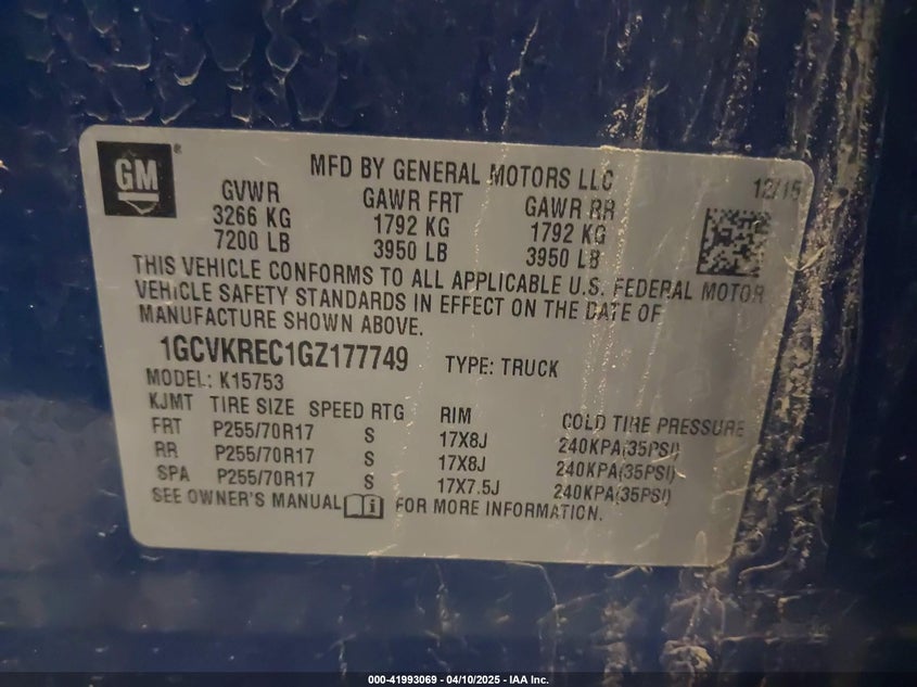 2016 CHEVROLET SILVERADO 1500 VIN: 1GCVKREC1GZ177749