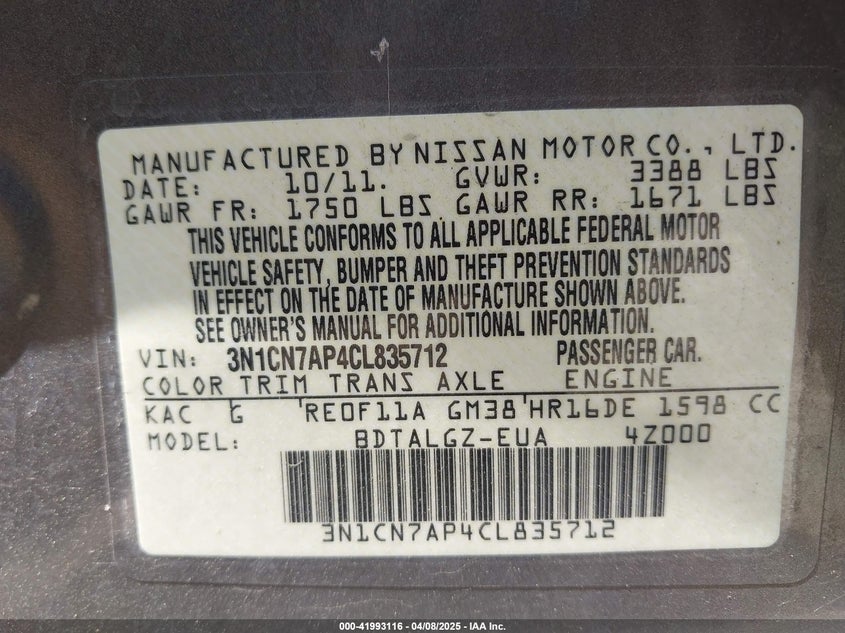 2012 NISSAN VERSA VIN: 3N1CN7AP4CL835712