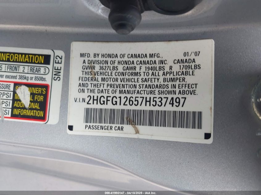 2007 Honda Civic Lx VIN: 2HGFG12657H537497 Lot: 41993147
