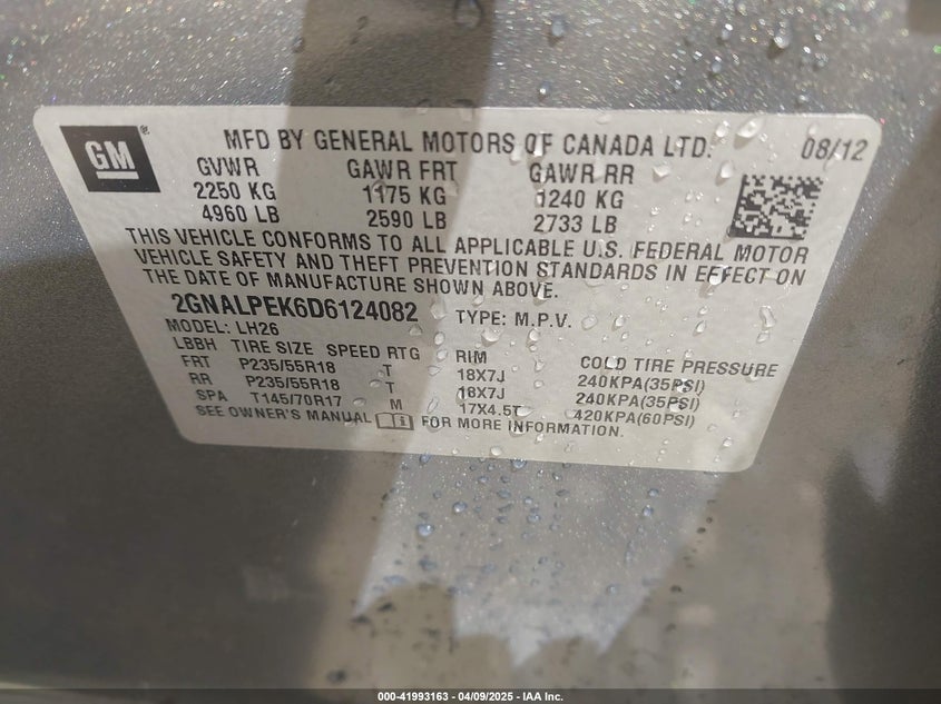 2013 CHEVROLET EQUINOX VIN: 2GNALPEK6D6124082