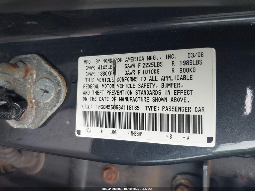 2006 HONDA ACCORD VIN: 1HGCM56866A118165