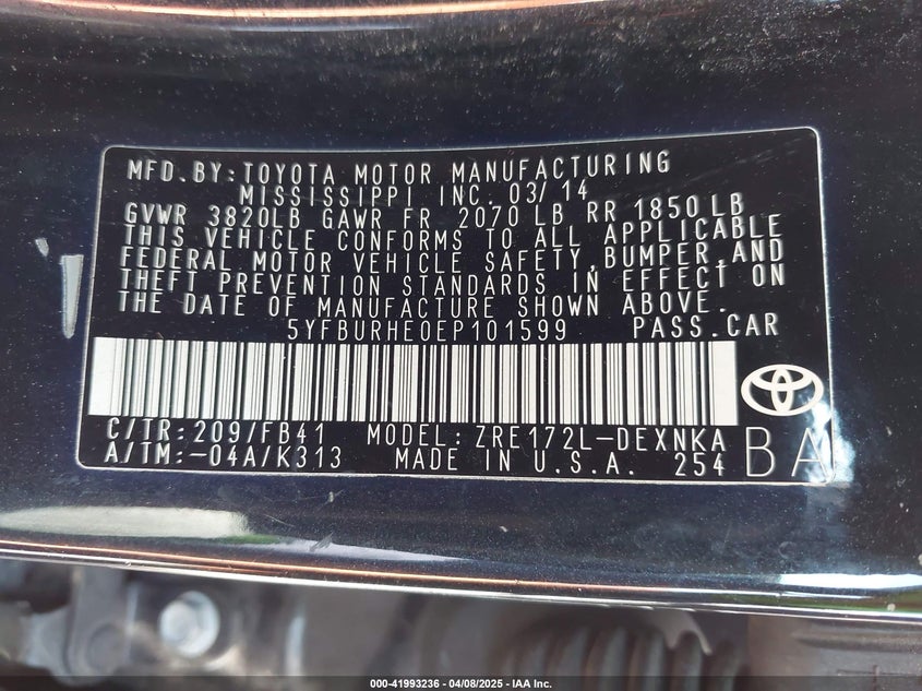 2014 TOYOTA COROLLA VIN: 5YFBURHE0EP101599