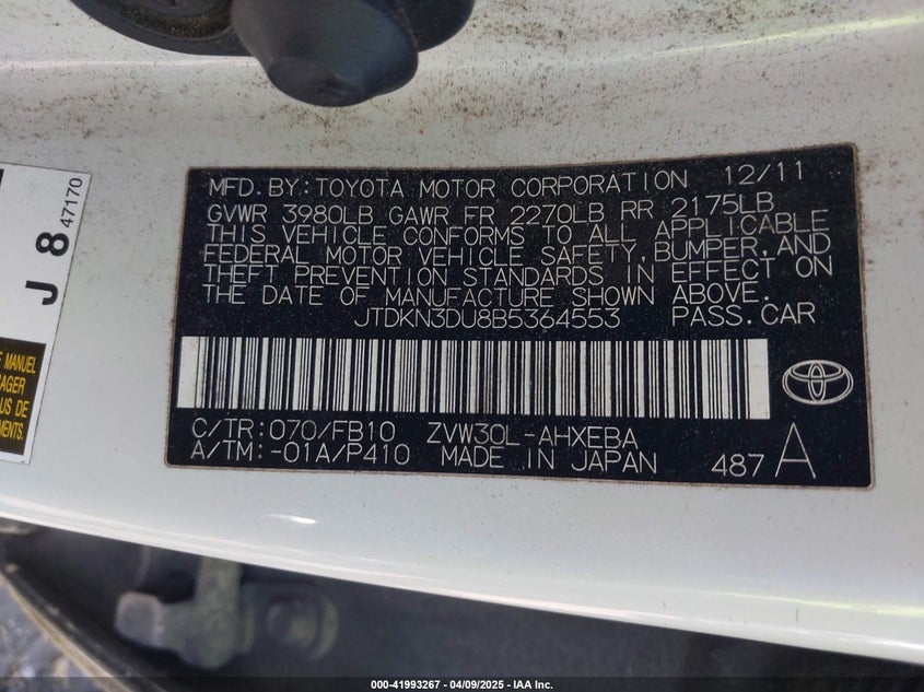 2011 TOYOTA PRIUS VIN: JTDKN3DU8B5364553