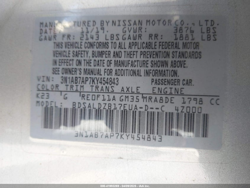 2019 NISSAN SENTRA VIN: 3N1AB7AP7KY454843