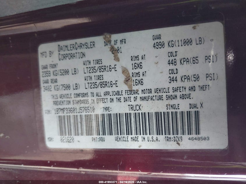 2001 Dodge Ram 3500 St VIN: 1B7MF33601J576510 Lot: 41993371