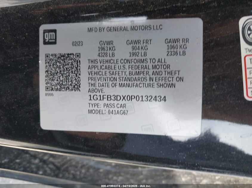 2023 CHEVROLET CAMARO VIN: 1G1FB3DX0P0132434