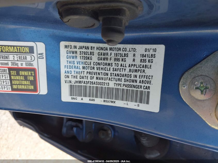 2010 Honda Civic Hybrid VIN: JHMFA3F26AS002213 Lot: 41993418